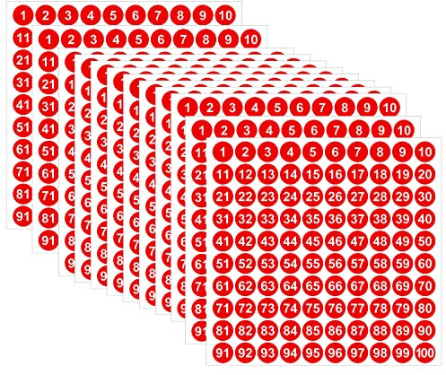 Cobee 1 bis 100 Zahlenaufkleber, 2500 Stück, 25 Blatt, Vinyl Nummernaufkleber, wasserdicht, selbstklebend, Zahlen-Bestandaufkleber für Inventarsortierung, Organisation, Aufbewahrungsbox, Rot, 1,1 cm