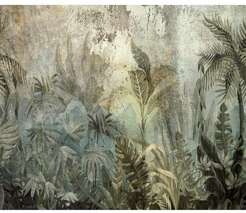 decomonkey Fototapete selbstklebend Dschungel 343x256 cm XXL Selbstklebende Tapeten Wand Fototapeten Tapete Wandtapete klebend Klebefolie Deko Modern Natur Pflanzen Blätter Beton Optik Grün Grau