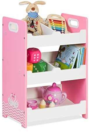 Relaxdays Scaffale Portagiochi con 5 Scomparti, in MDF, Mobile per la Camera dei Bambini, 60 x 42,5 x 30 cm, Bianco Rosa, Fibra di Legno