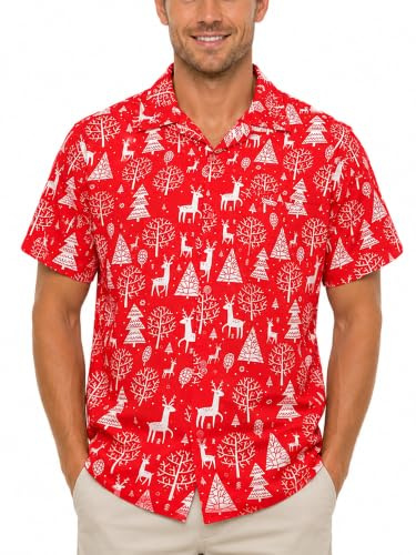 King Kameha Funky-Hawaii-Hemd, Weihnachten, Herren, Kurzarm, Christmas-Reindeer-Allover, Rot, M