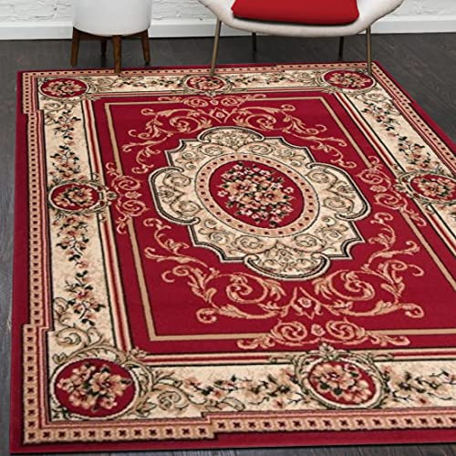 Mazovia Orientalisch Vintage Teppich - Kurzflor - Muster mit Medaillon - Traditioneller Teppich für Wohnzimmer, Esszimmer - ÖKO-TEX Wohnzimmerteppich - Rot 220 x 300 cm