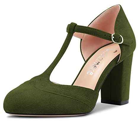 Castamere Donna Chunky Blocco Alto High Tacco Heel Rotonda Punta Pumps T-Strap Fibbia da Matrimonio Ufficio 8.5 CM Heels