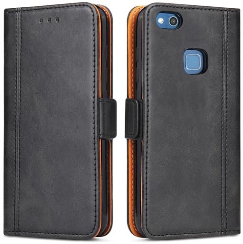 ROJIOJIO Handyhülle für Huawei P10 Lite Hülle, P10 Lite Klapphülle Leder Handytasche, lederhülle Schutzhülle mit [Standfunktion] [Kartenfächern] für Huawei P10 Lite, Schwarz
