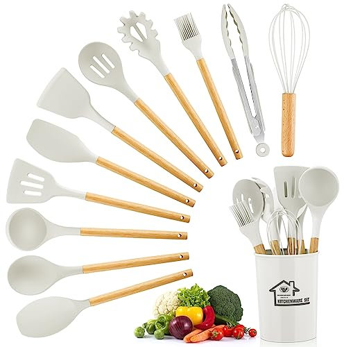 12 pcs Kitchen Utensils Set, Silicone Cooking Utensils Set with Wooden Handle, Non Stick Heat Resistant Kitchen Tools & Gadgets Set with Holder, Cooking Spatula for Non Scratch Cookware