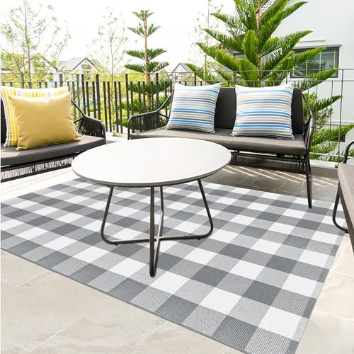 Buffalo Plaid Outdoor-Terrassenteppich, 1,2 x 1,8 m, Büffelkariert, Baumwolle, gewebt, grau und weiß kariert, für drinnen und draußen, waschbar, Teppich für Wohnzimmer, Esszimmer, Schlafzimmer,