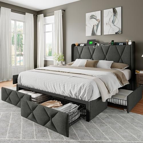 Feonase Queen-Size-Bettrahmen mit 4 Schubladen, modernes Knopf-Getuft-Kopfteil mit Ladestation, Holzlattenstütze, einfache Montage, kein Boxspring erforderlich, geräuschfrei (Dunkelgrau)