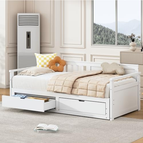 Moimhear Multifunktionales Zwei-in-Eins-Tagesbett mit Kiefernbett, Schubladen und Ausziehbett (Weiß)