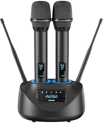 TONOR Microfono Wireless Ricaricabile, Sistema Doppio Microfono Palmare UHF in Metallo con Ricevitore Bluetooth, Portata UHF 80 m per Karaoke Domestico, Chiesa, Feste, DJ, Matrimoni TW790 Nero