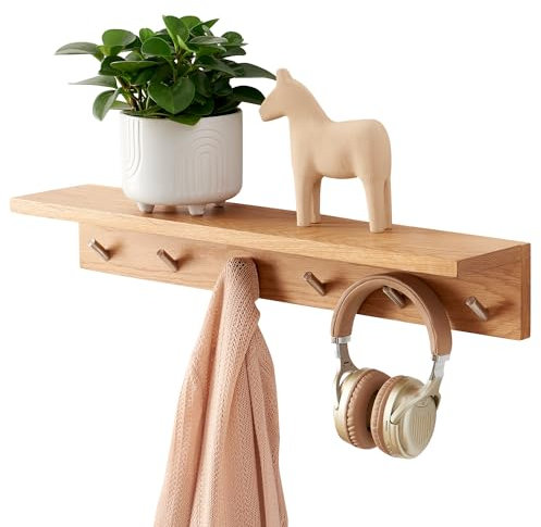 OAKERLAND Chêne Etagere Murale avec Crochets, 70cm Flottante Etagere Murale en Bois Massif, Patere Portemanteaux avec Etagere pour Salle de Bain, Chambre, Salon, Entrée, Bureau (70cm - 6Crochets)