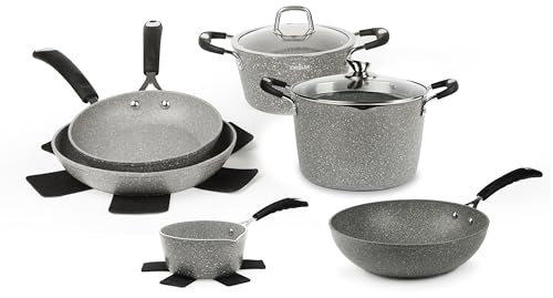 Excelsa Forn-OK - Juego de 12 piezas de aluminio forjado, revestimiento antiadherente, gris efecto piedra