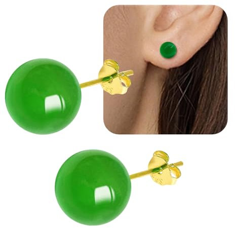 WGXIA Jade Grün Ohrstecker, natürliche runde Perlen Achat Smaragd Granat Obsidian Edelstein Ohrstecker Ball Jade Schmuck Geschenk (grün Achat-Gold-8mm)