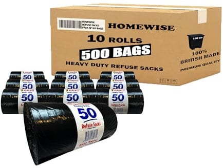 HOMEWISE 500 Heavy Duty Bin Bags | Bin Liners Heavy Duty Bin Bags 100L | Extra Strong Black Refuse Sacks for Rubbish Eco-Friendly Recycled Material | Large Bin Liners for Home, Office, Restaurant