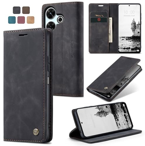 owlhold hülle Xiaomi Redmi 13 klapphülle Premium Lederhülle Weiches Vintage-Nubukleder Faltbare Ständer Schutzhülle Kartenfach Standfunktion Handyhülle für Redmi 13 / Poco M6 4G/ Note 13R 5G - Schwarz