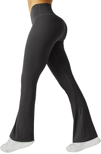 Friptspyg Damen Hose mit Taschen High Waist Yogahose Causal Jogginghose Elastische Sporthose Outfit Weite Bootcut Flared Leggings, Dunkelgrau M