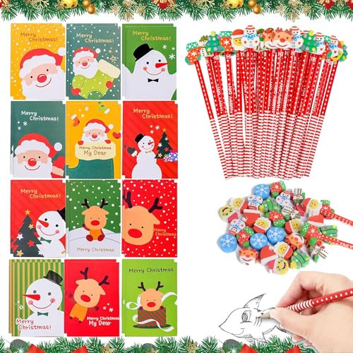 Auzlya Weihnachten Bleistifte mit Radiergummi,12 Weihnachts Notizbuch+12 Weihnachten Bleistift,Weihnachtsgeschenke Kleinigkeiten,Weihnachten Party Geschenke Bag Fillers