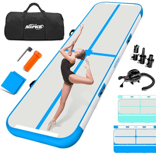 ALLPICK Turnmatte Aufblasbar mit elektrischer Luftpumpe, Länge 3/4/5/6 m Trainingsmatte, 10/20 cm hoch Tumbling Matte, Doppelseitiges Design Aufblasbar für Gymnastikmatte, Yoga -Blau 600*100*20 cm
