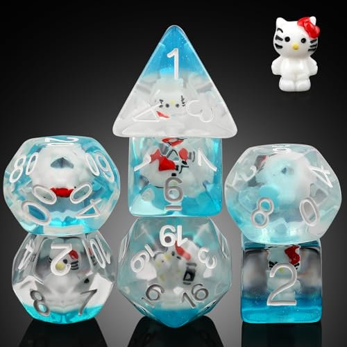 Kitty Dungeons and Dragons Dice,DNDND 7PCS D&D Dice Set with Velvet Bag for DND Role Playing Games and Tabletop Games(Kitty)