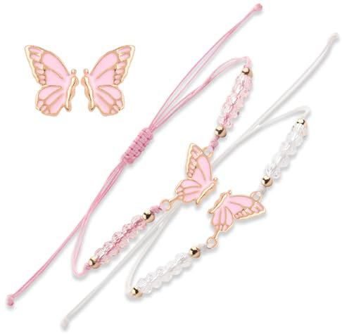 Crrynuo 2 Stück BFF-Armbänder, Verstellbare Schmetterling Matching Freundschaftsarmbänder handgefertigter Armband Schmetterling für beste Freunde Mode Damen Schmuck Geschenke, Weiß+Rosa