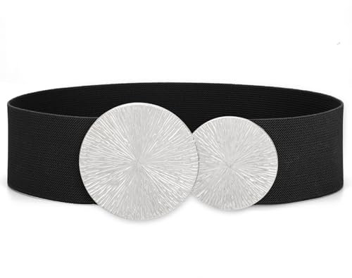 Damen Breiter Gürtel für Kleid Elastischer Taillengürtel Schwarz Mode Hüftgürtel für Damen mit Goldene Schnalle, Schwarz(silberne schnalle), S