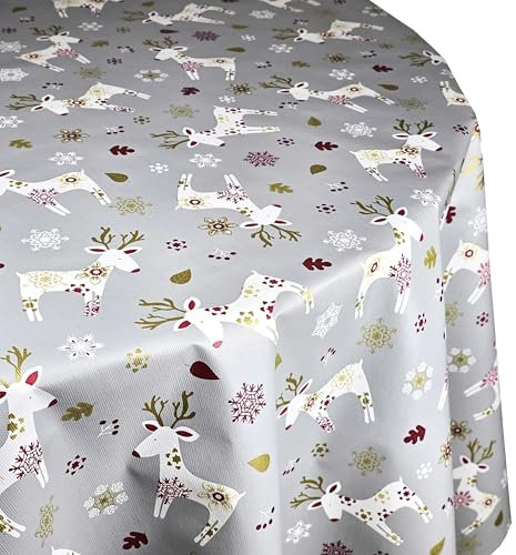 Wachstuch Wachstischdecke Tischdecke Weihnachten Grau Rentier Oval 130 x 160 cm abwischbar Weihnachtstischdecke