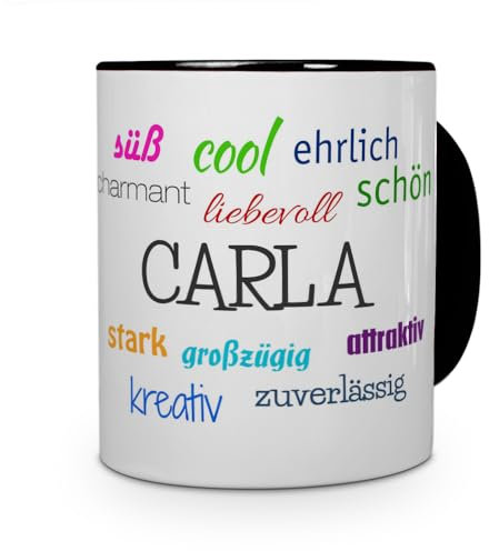 printplanet Tasse mit Namen Carla - Positive Eigenschaften von Carla - Namenstasse, Kaffeebecher, Mug, Becher, Kaffeetasse - Farbe Schwarz