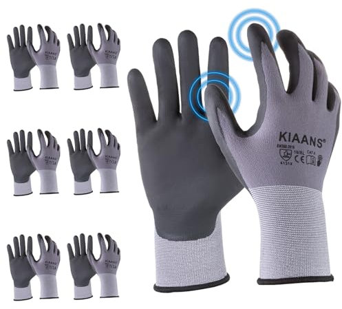 KIAANS 6 Pairs Safety Work Gloves with Touchscreen Nitrile Coated Gloves Anti-Static Multi-Purpose Working Gloves EN388 - Size: 10/XL