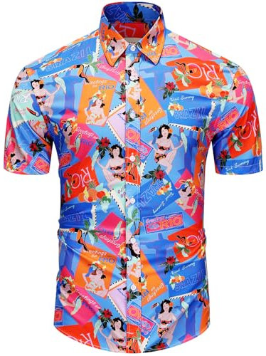fohemr Mens Funky Hawaiian Shirt Flower Print Short Sleeve Casual Tropical Button Down Summer Beach Shirt Blue 3X-Large