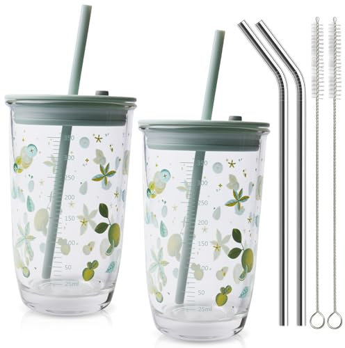 WANDGU Vasos de cristal con tapa y pajita: juego de 2 tazas de café, herméticas, impermeables, para batidos, incluye 2 pajitas y cepillo, apto para lavavajillas, para capuchino, café con leche, té