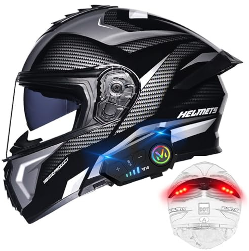 BYGMWEP Casque Moto Modulable Bluetooth avec Feu Arrière, Casque Moto Homologué ECE, Flip Up Casque Adulte Moto avec Double Visière, Microphone à Haut-Parleur intégré, pour Homme Femme