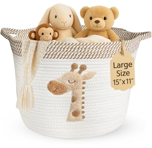 Giraffe Baby Storage Basket, Woven Cotton Rope Nursery Bin, 15x11 in
