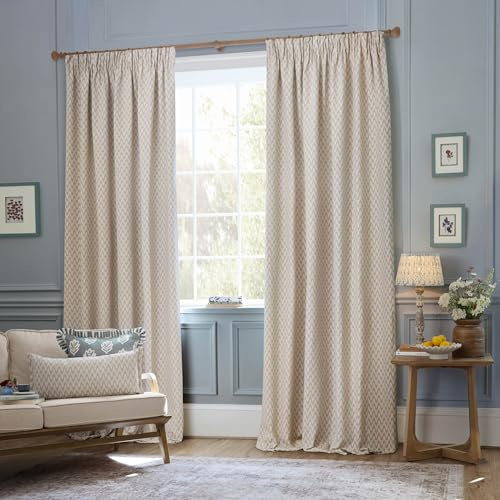 Sanderson Hutton Room Darkening Pencil Pleat Curtain Pair – Ikat Woven Jacquard Lined Drapes (Linen - 229x137cm)
