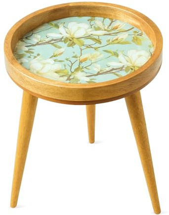 Hartsmede Mango Wood Side Table 13 – Handmade Boho Accent with Resin-Coated Enamel Top, Lightweight & Strong, Detachable Legs, Small Round End or Bedside Table (Snowbell, 24)