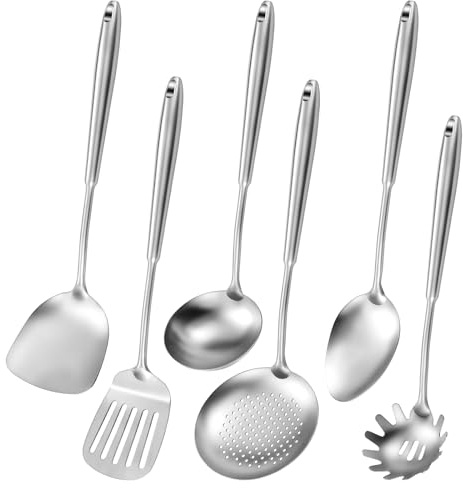 Lot De 6 Ustensiles De Cuisine en Acier Inoxydable | Résistants À La Chaleur, Comprend Louche, Spatules, Écumoire Et Cuillère À Pâtes, Lave-Vaisselle