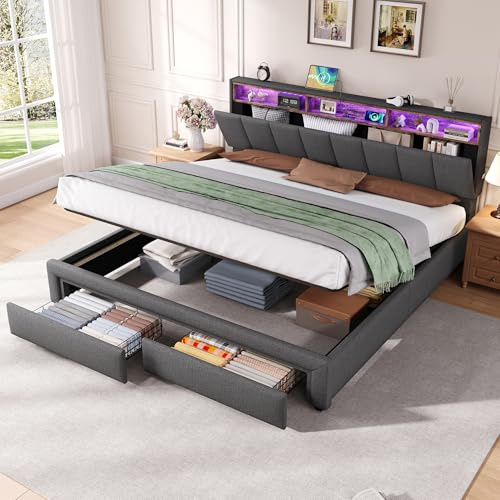 6ft Super King Size Bed Frame with Hydraulic Lift &Drawers,LED Adjustable Headboard with Charging Station&Concealed Storage Headboard,Linen Upholstered Functional Ottoman Storage Bed,No Mattress,Grey