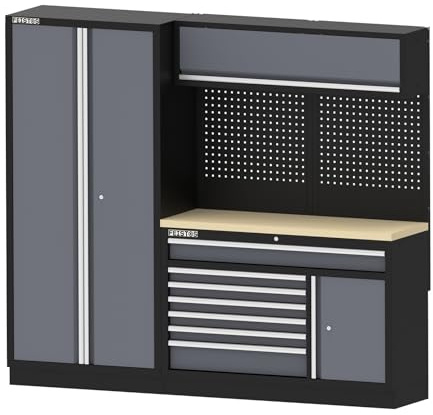 FEISTOS Werkstatteinrichtung Apollo 22 inkl. Lochwand, Werkbank, Stahl | Modulares System aus Hochschrank, Hängeschrank und Werkbank mit Multiplex-Arbeitsplatte in Bucheoptik für die Werkstatt.