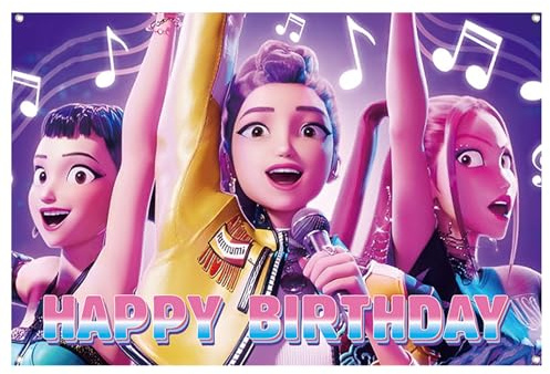 Freyauga Happy Birthday Banner, Kindergeburtstag Hintergrund Banner 150x100cm, Bunter Fotohintergrund mit Demon-Hunters-Muster für Geburtstagsdeko, Alles Gute zum Geburtstag Party Deko für Mädchen