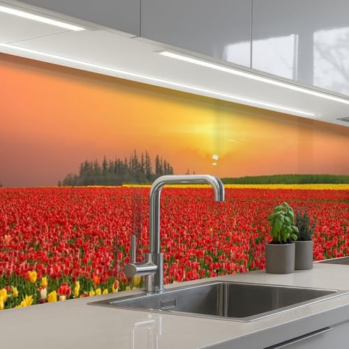KitchenYeah© Küchenrückwand Selbstklebend Küchenspritzschutz Rückwand | 60x300 cm - Wandschutz Ohne Bohren Spritzschutz Wand Wandverkleidung Blumen - Landschaft - Tulpen - Sonnenuntergang