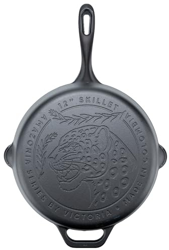 Victoria 12-Inch Amazonia Cast Iron Pre-Seasoned Skillet | Decorative Frying Pan with Cast Design, Made in Colombia, Jaguar