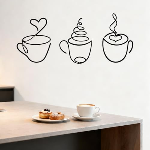 SUNAIAD Wanddeko Metall Schwarz Kaffeetasse Wanddekoration Küche 3 Stück | Metallbilder Wanddeko Esszimmers Wohnzimmers Café Arbeitszimmers Flur, Wandkunst Badezimmer Schlafzimmer Moderne Dekorationen