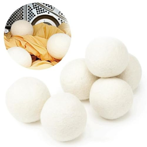 6 Pcs Wool Dryer Balls, Natural Fabric Softener for Laundry, Reusable Tumble Dryer Balls to Reduce Clothing Wrinkles, Use with Essential Oils, White 5cm