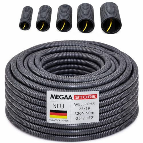 Megaa store Flexibles Leerrohr Wellrohr mit/ohne Zugdraht 320N M16 M20 M25 M32 M40 Kabelschutz UV-Beständigkeit für den Innen- und Außeneinsatz (Ø 14 mm innen/Ø 20 mm außen / 25m mit Zugdraht)
