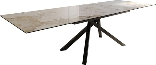 DELIFE Esszimmertisch Edge Keramik Minas Melange Weiß-Beige 200-300x100 | Kreuzgestell Rechteck Schwarz ausziehbar