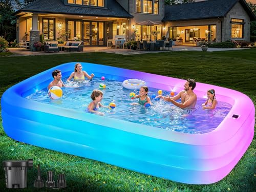 Grande piscina gonfiabile per adulti, 330,2 x 182,9 x 55,9 cm, spessa piscina gonfiabile, con luci e pompa, 7 colori cambiati durevole fuori terra piscina per famiglia per cortile giardino all'aperto