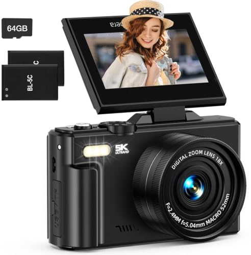 5K Digitalkamera, 75MP Vlogging Kamera mit 3 Zoll 180° Flip Screen, UHD Autofokus Video Camara mit 18X Zoom, Kompakte Vlog Reisekamera mit 64GB SD-Karte, 2 Akkus