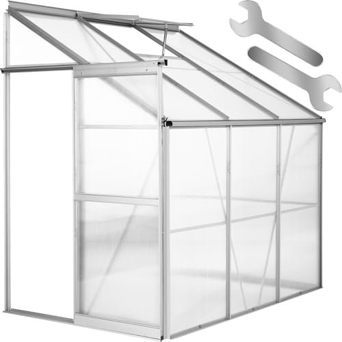 TecTake® Serra da Giardino, Telaio in Alluminio Anodizzato, Serra per Orto con Lastre in Policarbonato, Serra a Parete con Porta Scorrevole e Lucernaio per Ventilazione, 192x128x202 cm