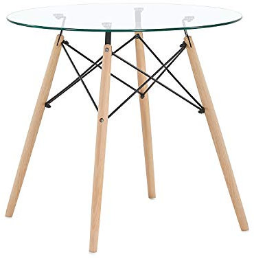 H.J WeDoo Cocina Mesa de Comedor Mesa de Cristal, Estilo escandinavo Ronda Mesa y Patas de Madera de Haya, 80 * 75 cm, Templado Cristal