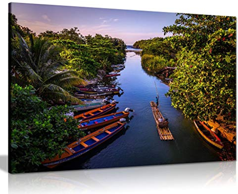 Boats On White River Jamaica Nature Landscape Canvas Wall Art Picture Print (18x12)