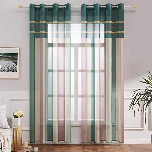 MIULEE Lot de 2 Rideaux Voilage Imprimes 140x225 CM Décorative Fenêtre Design Moderne Uni à Oeillets Décoration pour Maison Salon Cuisine Chambre Rose+ Vert