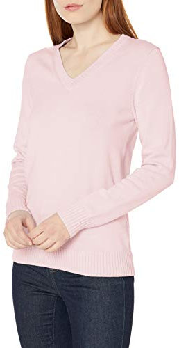 Amazon Essentials Pull Léger à Manches Longues et Col en V, 100% Coton Femme, Rose Clair, M