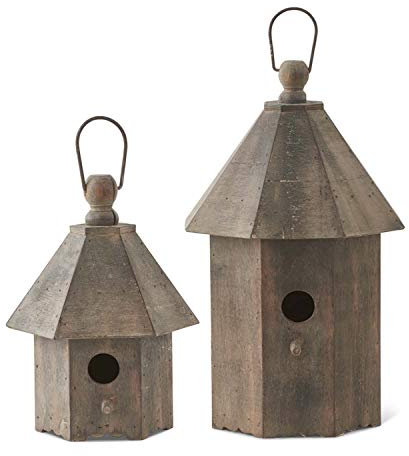 K&K Interiors 14515A Vogelhäuser zum Aufhängen, Holz, 2 Stück, Firholz, Sperrholz, Eisen, Set of 2 Hanging Wooden Birdhouses